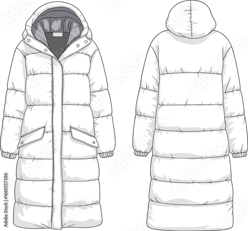 Long padded winter coat, technical flat sketch, front and back view, hooded puffer jacket design, fashion CAD outerwear illustration