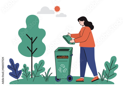 A woman sets up a compost bin outdoors, promoting sustainable living. Bright, cheerful illustration with a natural backdrop. Ideal for eco-friendly campaigns.
