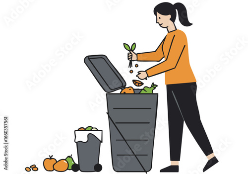 A woman sorts organic waste into a bin, showcasing composting and sustainable practices. Clean, modern illustration with a focus on environmental responsibility.