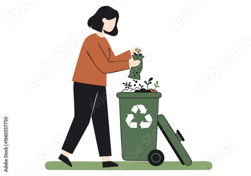 A woman sorts waste into a recycling bin, promoting sustainable practices. Clean, modern illustration with a focus on environmental responsibility.