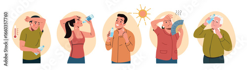 Set of people suffering from heat. Hot summer weather. Vector cartoon flat style illustration