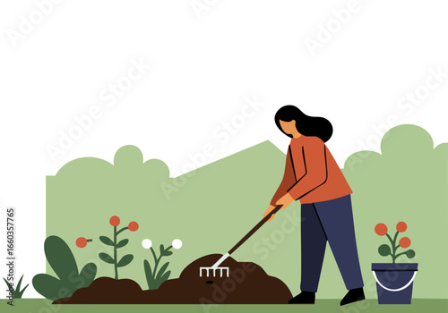 woman tending a garden with a shovel surrounded by lush greenery A clean modern illustration style emphasizes the connection to nature