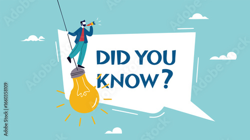 did you know? concept illustration, expert information, explanation or solution, businessman riding a light bulb idea balloon and using a megaphone with a speech bubble that says did you know?

