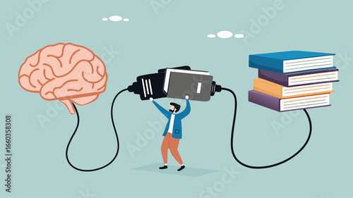 read books to learn new lessons, literature or intelligence information, improve literacy and numeracy skills, businessman connect plug with stack of book with human brain concept vector illustration
