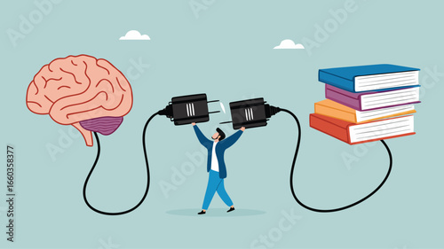 read books to learn new lessons, literature or intelligence information, improve literacy and numeracy skills, businessman connect plug with stack of book with human brain concept vector illustration
