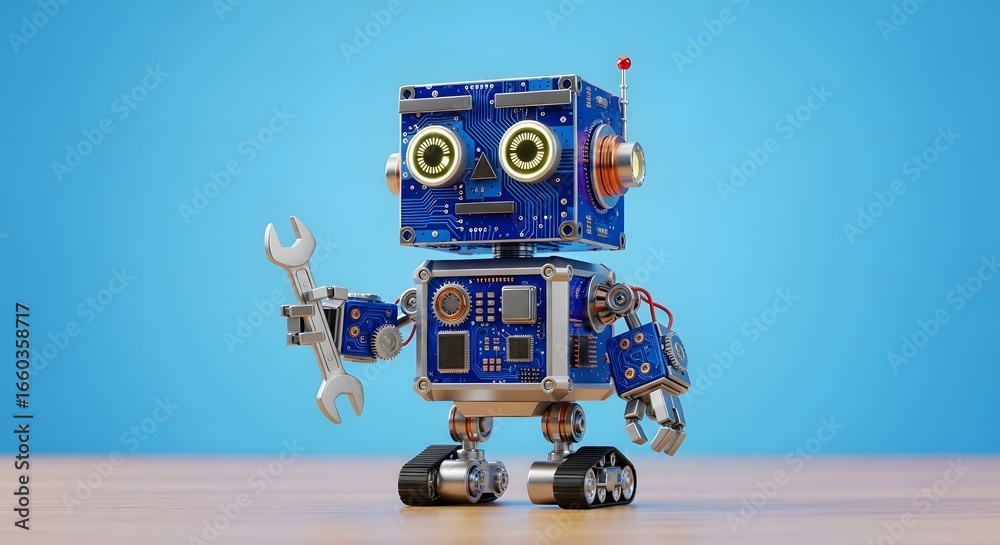 Fototapeta premium Cute Blue Robot Mechanic Holding Wrench Digital 3D Render