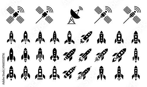 Collection of Satellite and Rocket Icons for Space Exploration and Technology