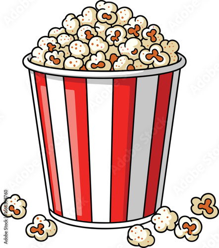 Bucket of freshly popped popcorn with red and white stripes, scattered popcorn kernels, and buttery seasoning vector illustration.