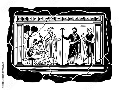 Fragment of Greek Vase Painting – Dancing Figures – Vintage Engraved Illustration