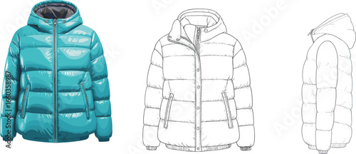 Winter puffer jacket, technical fashion sketch, CAD drawing, padded coat design, hoodie jacket front and side view, vector illustration