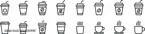 Minimal coffee cup icons set including hot mugs, takeaway cups with lids, and steaming beverages in a clean modern line art style.