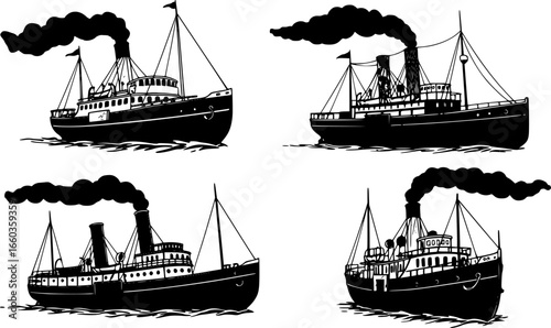 Illustration of four steam powered boats and ships with smoke stacks in black and white silhouette style