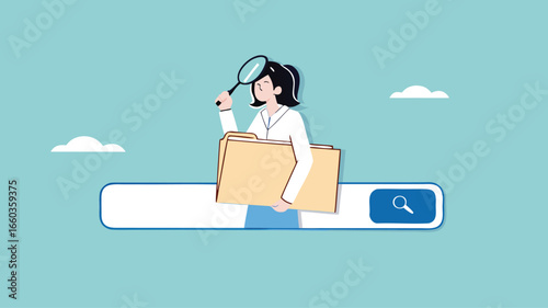 find new job or explore website concept, looking for job vacancies, browse the internet to get information, search concept, woman looking for job information in the search box using magnifying glass

