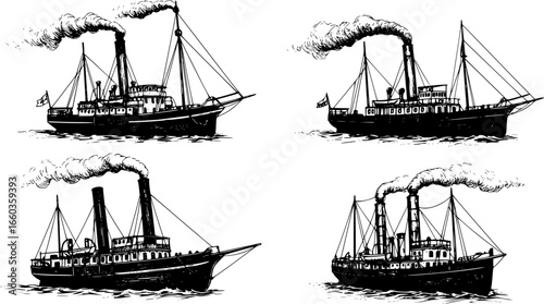 Illustration of four steam powered boats and ships with smoke stacks in black and white silhouette style