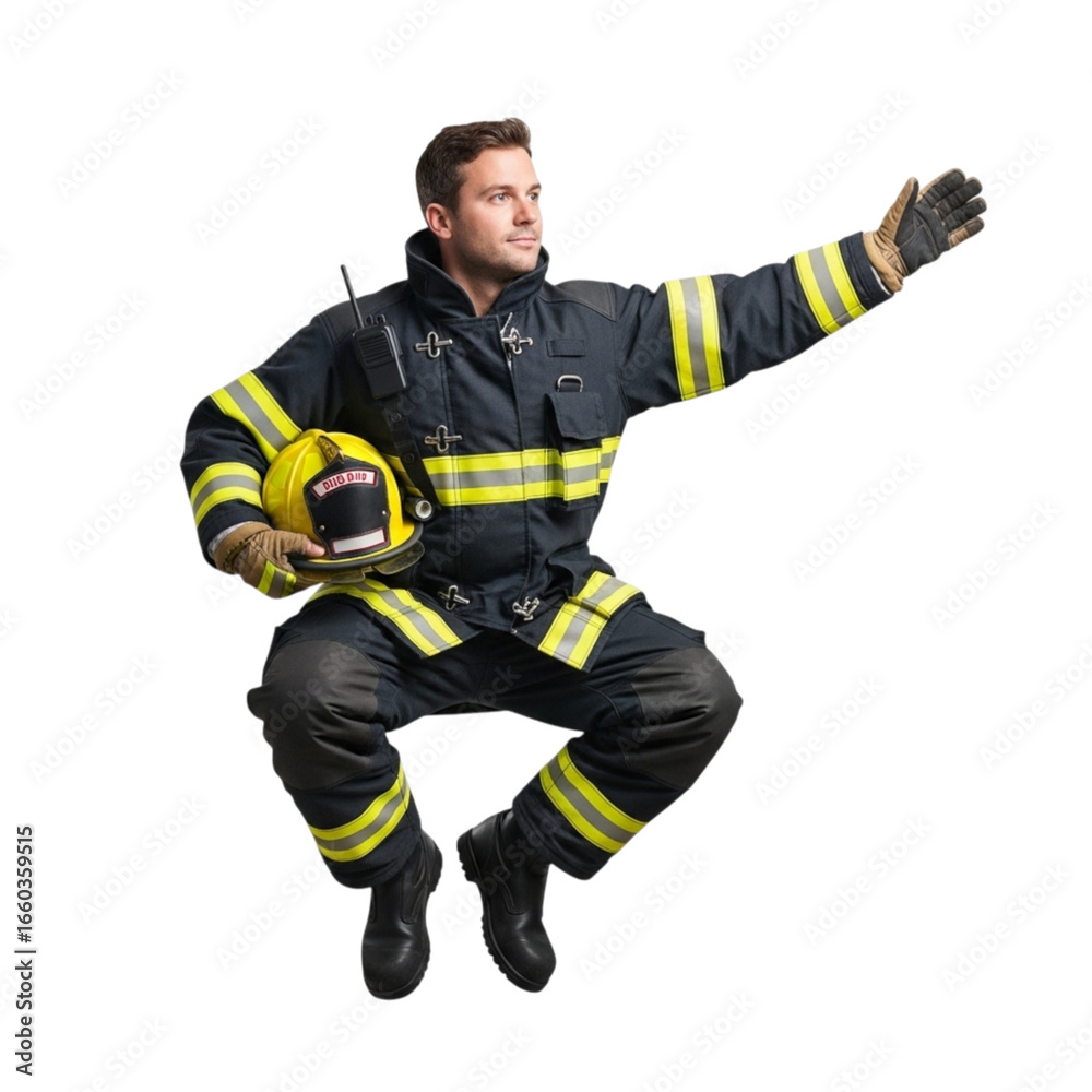 Isolated firefighter in protective uniform holding helmet gesturing rescue emergency services search and rescue hero duty on transparent background Isolated firefighter in protective uniform holding helmet gesturing rescue emergency services search and rescue hero duty on transparent background