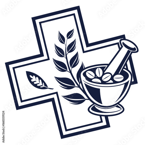 Mortar and pestle with herbs in a pharmacy cross