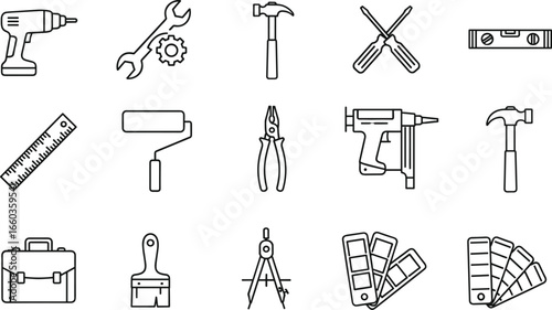 Set of black and white construction and repair tools icons, including drill, wrench, hammer, screwdriver, ruler, paintbrush, and color swatches vector.