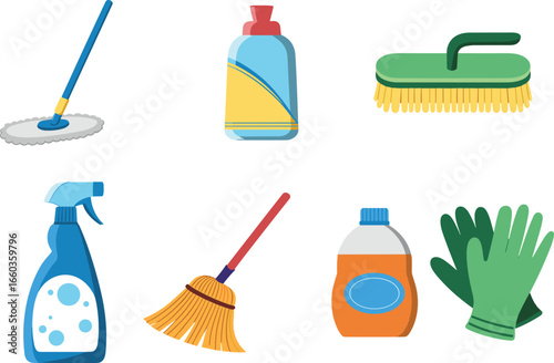 Vector illustration of assorted cleaning supplies including mop, dish soap, scrub brush, spray bottle, broom, detergent bottle, and protective gloves.