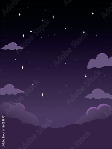 Purple night sky with twinkling stars and spooky clouds, perfect Halloween background for party invites, posters, or seasonal designs.