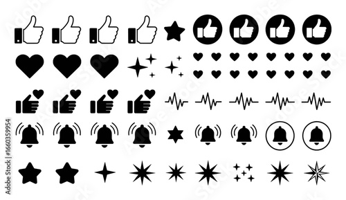 Collection of Social Media Icons: Thumbs Up, Hearts, Stars, Bells, and Heartbeats