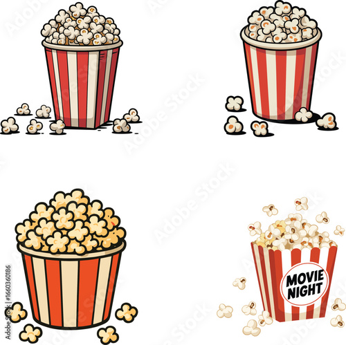Vector illustrations of popcorn buckets with striped designs, perfect for movie night, cinema, snack time, and entertainment-themed projects or promotional materials.