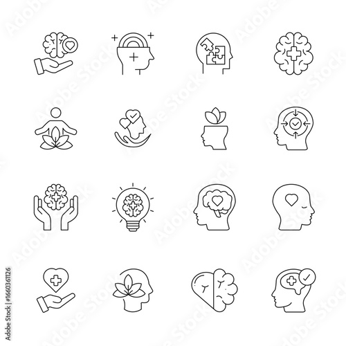 Mental Health Icon Set. Vector Illustrations for Psychology, Wellness, Therapy, Stress Relief, Mindfulness, Depression, Counseling, Self Care, Emotional Support, and Mental Wellbeing