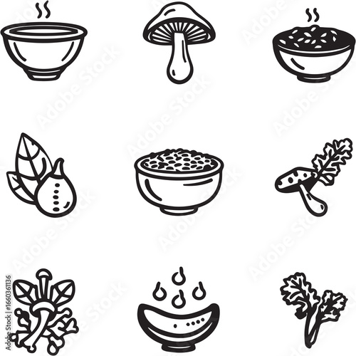 Mushroom Risotto black Line Editable Icons set