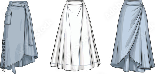 Fashion flat sketch of women’s skirts with wrap, pleated, and draped styles, ideal for sewing patterns, fashion design, apparel illustration.