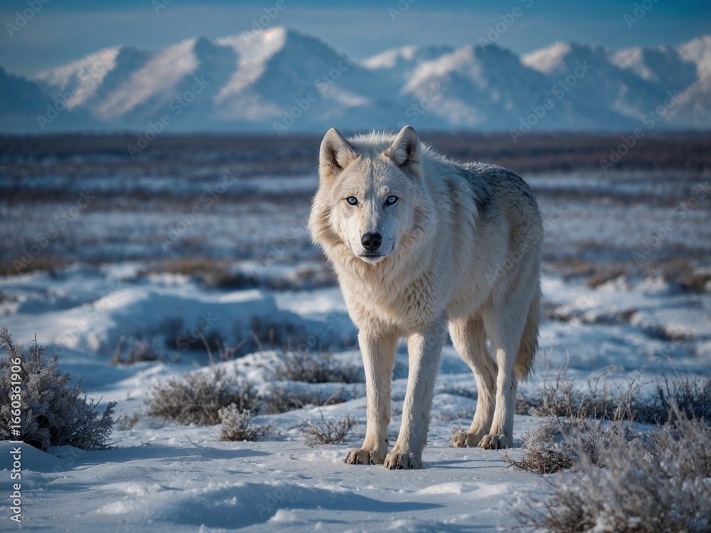 Obraz premium Lone Wolf Standing Against the Snowy Mountains