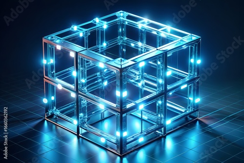 Photo of abstract glowing cube structure with blue neon lights on a dark background