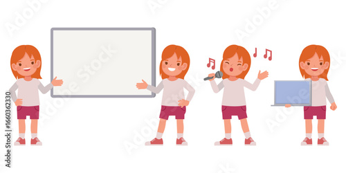 Set of kid girl wear white shirt character vector illustration design. Presentation in various action.