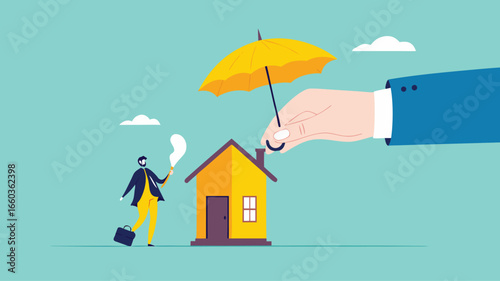 home insurance or homeowners protection, security shield concept, guarantee to protect the house from damage or loss of contents and structure, big businessman hand covers the house and its owner
