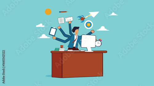 professional businessman manage multiple project at the some time work with computer, multiple project management concept illustration, juggle multiple project concept, multitalented worker concept
