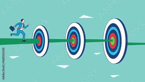 step to reach success or achievement, Short term, mid-term and long term goals, stages to achieve greater success, businessman running to short, medium and long term success target
