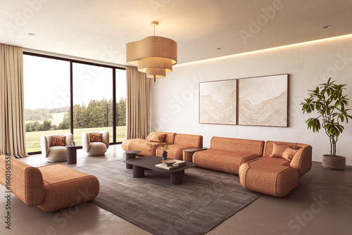 Modern living room with earthy tones and view