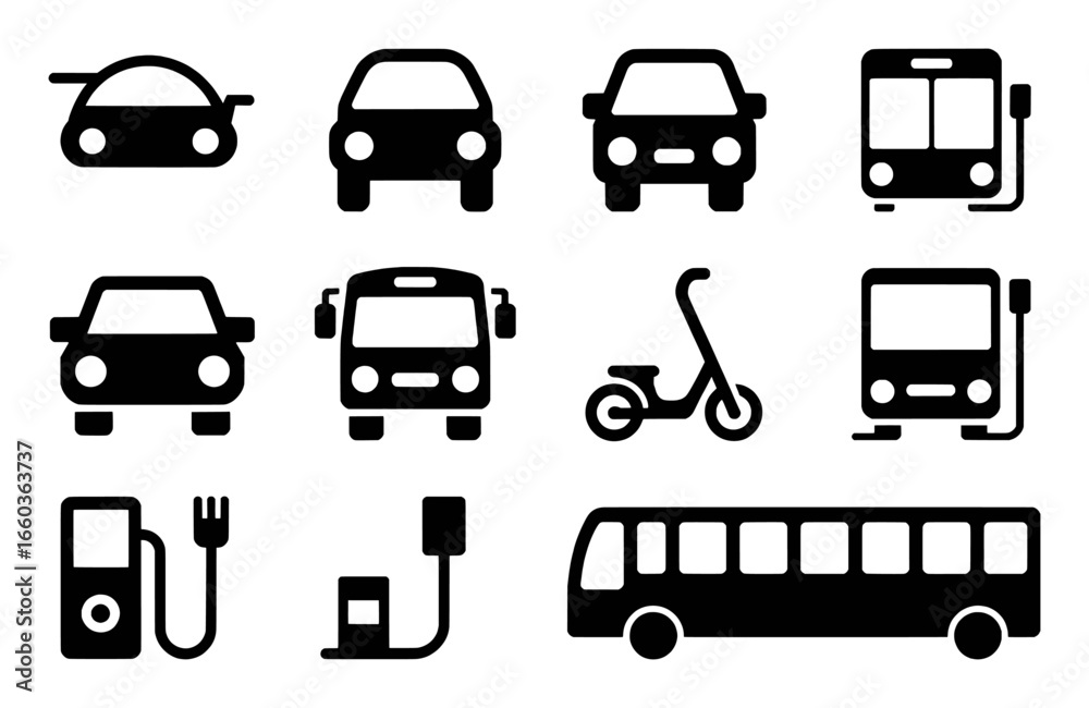 Collection of Transportation Icons: Cars, Buses, Scooters, and Charging Stations Collection of Transportation Icons: Cars, Buses, Scooters, and Charging Stations