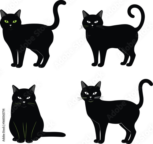 The Black Cats with Green Eyes: A Collection of Cat Silhouettes in Different Poses, with Bright Green Eyes, Black and White Flat Vector Illustrations for Animal, Pet, and Halloween.