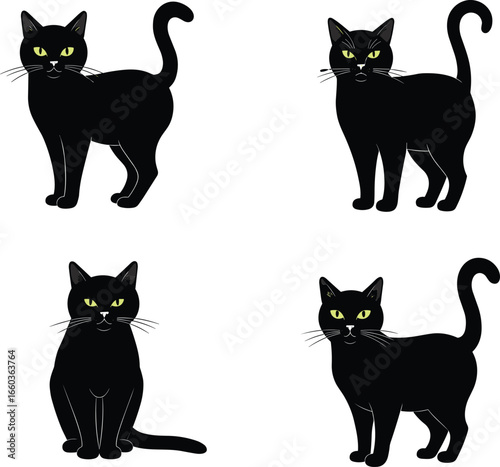 The Black Cats with Green Eyes: A Collection of Cat Silhouettes in Different Poses, with Bright Green Eyes, Black and White Flat Vector Illustrations for Animal, Pet, and Halloween.