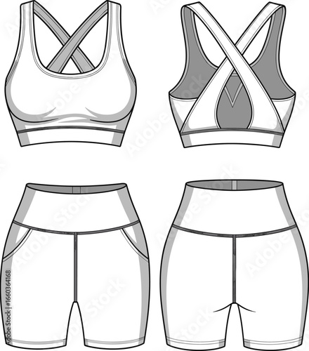 Sporty women's activewear set with cross back bra and pocket shorts, ideal for fitness, gym, yoga, training, workout sessions.