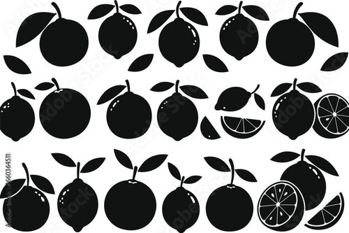 Lemon and Lime Fruits: Set of Citrus Fruit Silhouettes with Leaves and Slices, Black and White Flat Vector Illustrations for Food, Drink, and Health.