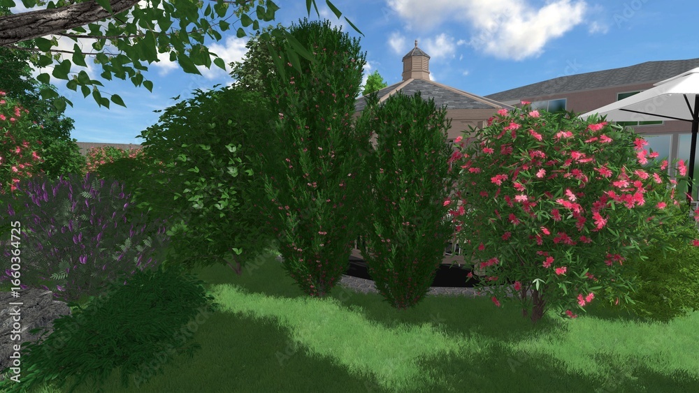Naklejka premium 3d image of the landscape design of the home territory. Landscaping of the territory. Computer visualization of composite landscaping and landscaping solutions.