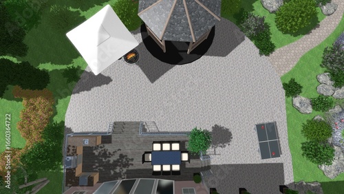3d image of the landscape design of the home territory. Landscaping of the territory. Computer visualization of composite landscaping and landscaping solutions.