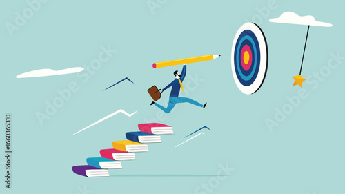achieving education goals, strategies for achieving success with higher education, courses or skills development, Businesspeople create ladders from books to target educational goals with pencil
