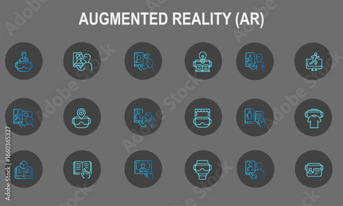 AR Experience Outline Icons – Museum Tour, Education, Training App, Travel Guide, Sports Replay, Concert View, Fashion Try-On, Business Card Scan, Interactive Book, Live Event