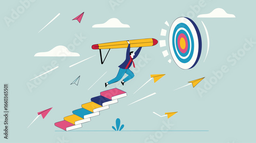 achieving education goals, strategies for achieving success with higher education, courses or skills development, Businesspeople create ladders from books to target educational goals with pencil
