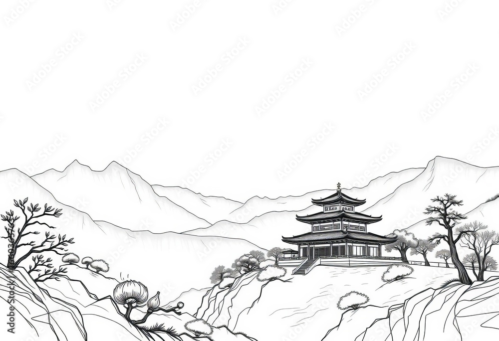 Fototapeta premium Serene mountain temple landscape, sketched in elegant line art style, evoking Asian aesthetics, background, art