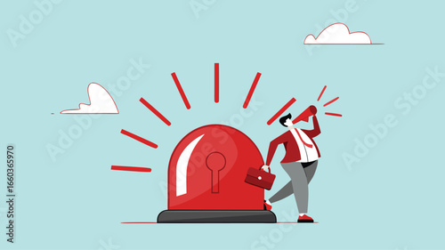 state of emergency declaration, provide emergency information to others as a precaution, warning about danger concept, businessman with megaphone giving instructions about current state of emergency
