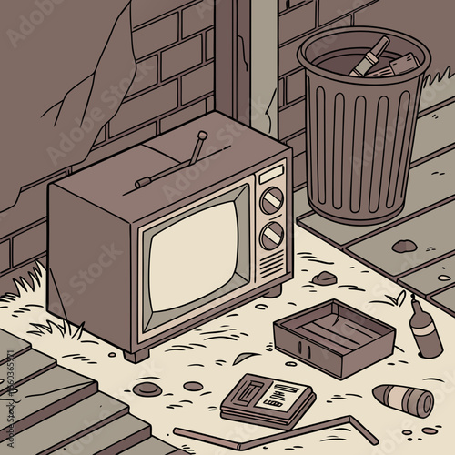 Old television and trash can in an alleyway illustration depicting urban decay and neglect with discarded items and a vintage tv set