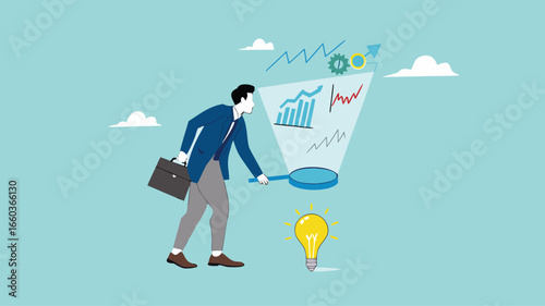 Data scientist, analyze data to produce recommendation and company decision support, analyze data for business insight, businessman analyzing lightbulb idea using magnifying glass for business insight