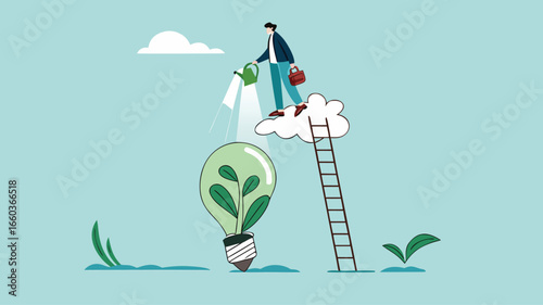 Environmental social and governance, sustainable business, industry using environmentally friendly energy or renewable energy, businessman watering sustainability light bulb vector illustration
